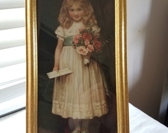 young girl with flowers picture wall decor vintage wall hanging kids room decor