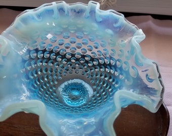 Fenton hobnail blue glass home decor ruffled edges