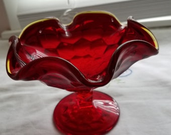 Red glass pedestal bowl gift idea ruffled edge thumbprint glass pattern vintage glass mid century art glass