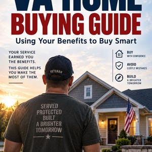 Könnte beinhalten: Ein Buchcover mit dem Titel VA HOME BUYING GUIDE Using Your Benefits to Buy Smart von Andy Kurien. Es zeigt eine Person mit einer dunklen Kappe mit der Aufschrift VETERAN und einem dunklen T-Shirt mit dem Text SERVED PROTECTED BUILT A BRIGHTER TOMORROW.
