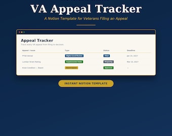 VA Appeal Tracker Notion Template | Veteran Disability Claim Appeal Organizer | Higher Level Review Board Appeal Tracker | Digital Download