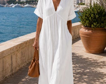 Robe caftan en coton et lin, robe longue à col en V, robe de plage avec poche, robe d'été ample, tenue de villégiature, robe de vacances grippe