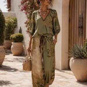 Ensemble Bohème Vert Olive Femme | Haut Col V & Pantalon Fluide | Stil Mediterranéen
