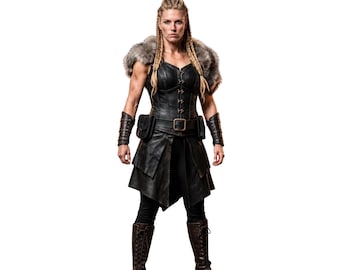 Handgemaakt Viking-jagerskostuum - Schildmaagd harnas van imitatiebont en leer - Barbaarse krijger LARP Renaissance Fair
