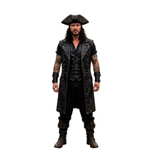May include: A pirate costume featuring a long, distressed black coat with brass buttons, a matching vest, and a black shirt. The outfit includes a tricorn hat, dark trousers, leather-look wrist cuffs, and tall brown boots, creating a complete ensemble.