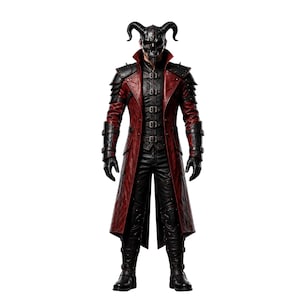 Puede incluir: Un disfraz de cuerpo completo que incluye un abrigo largo de color rojo oscuro y negro con correas de hebilla, pantalones negros y guantes negros a juego. El conjunto presenta una máscara de calavera negra detallada con cuernos curvos.