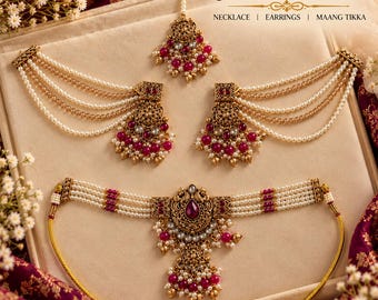 Traditional Indian Bridal Jewelry Set, Gold-plated Pearl Necklace, Magenta Stone Earrings, Maang Tikka, Wedding Jewelry