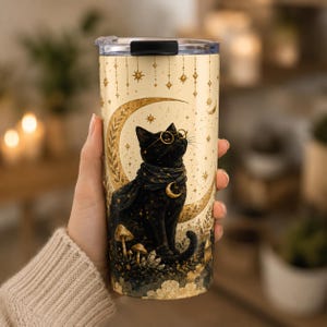 Puede incluir: Un vaso cilíndrico de acero inoxidable con fondo color crema que presenta un gato negro con gafas redondas y una bufanda. El diseño incluye una gran luna creciente dorada, estrellas colgantes, pequeños hongos y cristales en oro y negro.