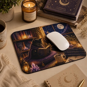 Black Cat Reading Mouse Pad | Celestial Desk Mat | Witchy Desk Decor | Moon Scholar | Book Lover Gift | Crystal Office Accessories