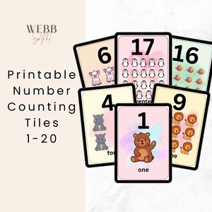 Printable Number Counting Tiles 1-20 | Toddler Learning Flashcards | Preschool Math Activity | A4 Instant Download