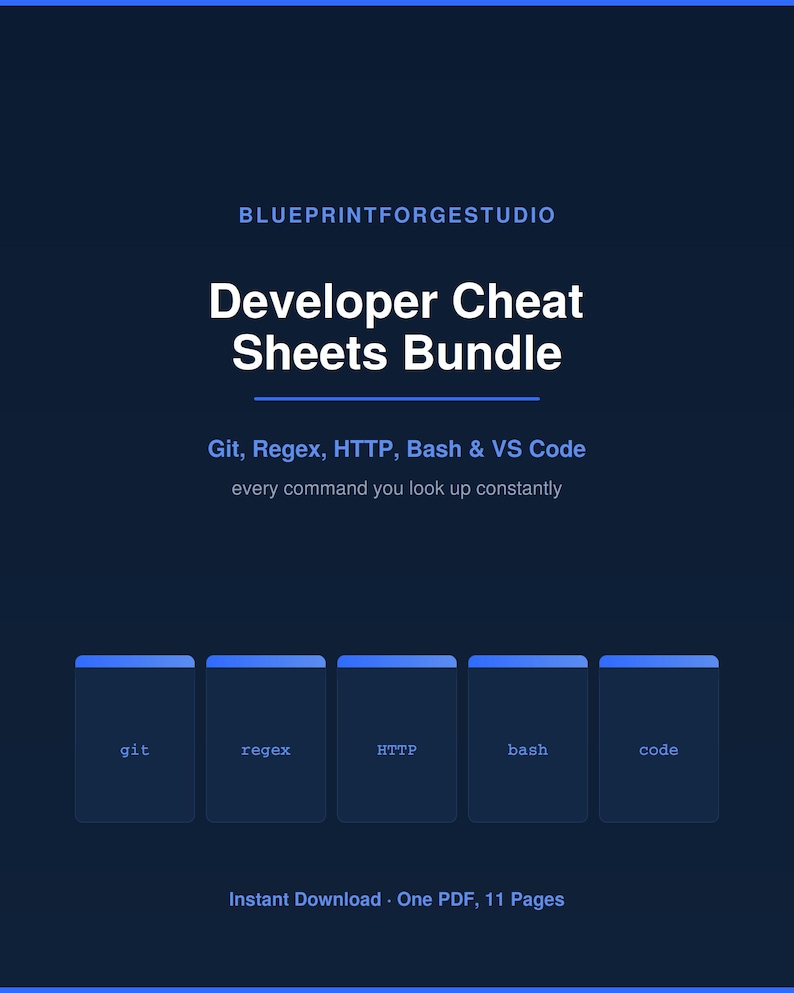 May include: A dark blue digital document titled Blueprintforgestudio Developer Cheat Sheets Bundle. It includes sections for Git, Regex, HTTP, Bash, and VS Code, with text stating every command you look up constantly and Instant Download One PDF, 11 Pages.
