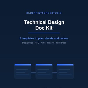 May include: A dark blue digital product cover titled BLUEPRINTFORGESTUDIO Technical Design Doc Kit. It features 5 templates to plan, decide and review, including Design Doc, RFC, ADR, Review, and Tech Debt. Includes three document icons and text stating Instant Download, PDF + Markdown Files.