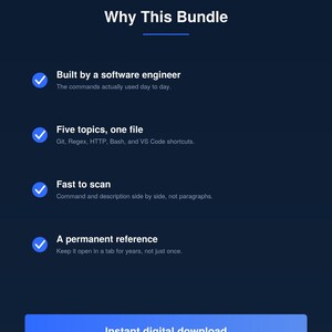 May include: A dark blue digital graphic titled Why This Bundle with four bullet points featuring blue checkmarks. The text lists features including Built by a software engineer, Five topics, one file, Fast to scan, and A permanent reference. A blue button at the bottom reads Instant digital download.