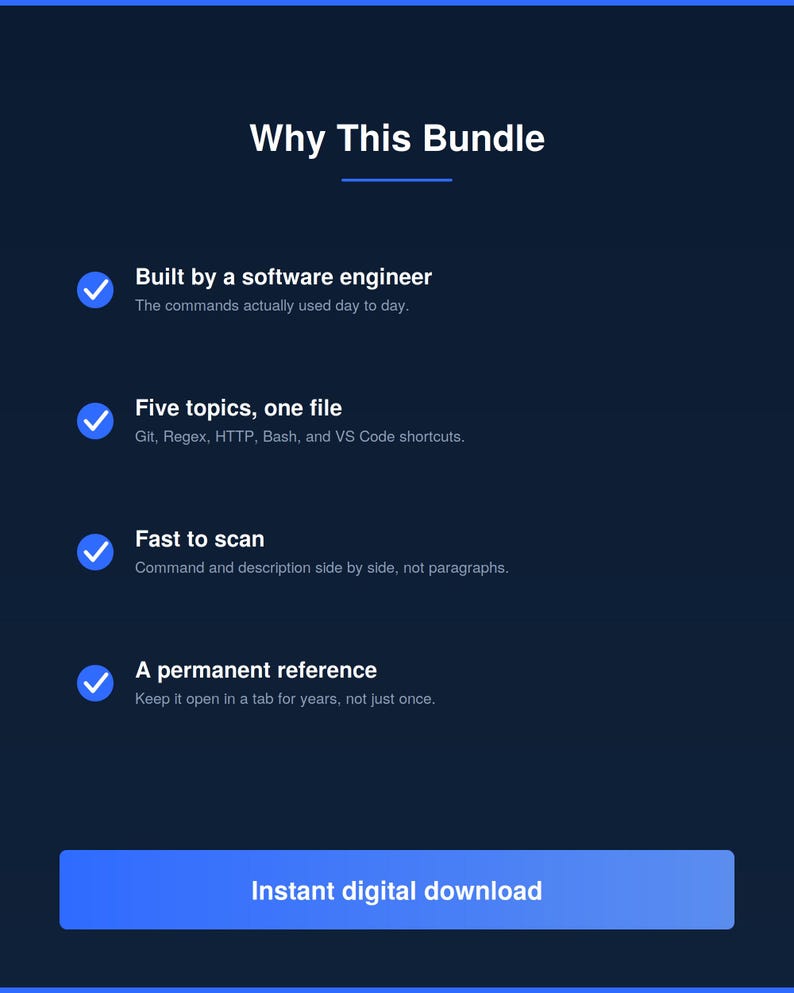 May include: A dark blue digital graphic titled Why This Bundle with four bullet points featuring blue checkmarks. The text lists features including Built by a software engineer, Five topics, one file, Fast to scan, and A permanent reference. A blue button at the bottom reads Instant digital download.