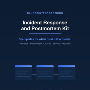 May include: A dark blue digital document titled Blueprintforgestudio Incident Response and Postmortem Kit. It features 5 templates for when production breaks, including Runbook, Postmortem, On-Call, Severity, and Updates. Includes PDF and Markdown files.