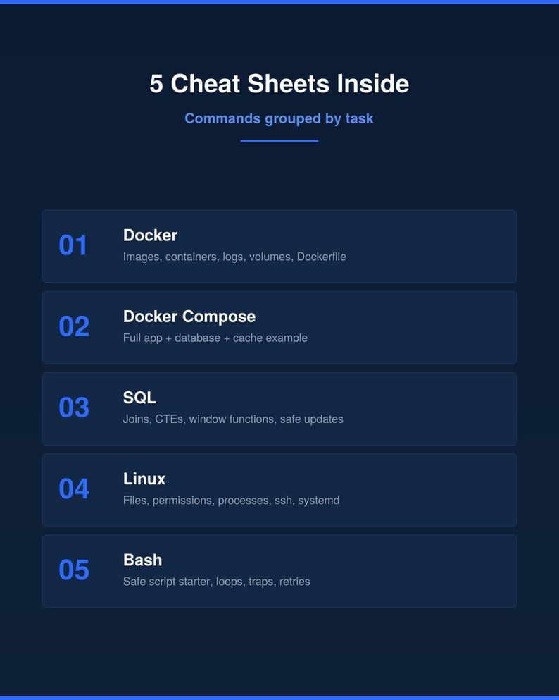 May include: A dark blue digital infographic titled 5 Cheat Sheets Inside, Commands grouped by task. It lists five numbered sections: 01 Docker, 02 Docker Compose, 03 SQL, 04 Linux, and 05 Bash, each with a brief description of the included commands.