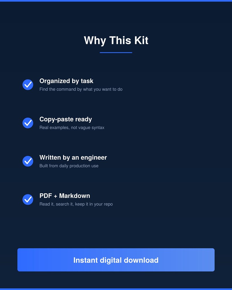 May include: A dark blue digital information graphic titled Why This Kit with four bullet points featuring blue checkmarks. The text lists features including Organized by task, Copy-paste ready, Written by an engineer, and PDF + Markdown. A blue button at the bottom reads Instant digital download.