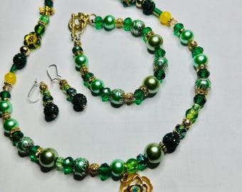 Regal Green Boho Glass and Citrine Gemstone Jewelry Set