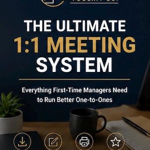 Peut inclure: Un graphique de produit numérique intitulé The Ultimate 1:1 Meeting System par The Manager Toolkit Co. Le texte inclut Everything First-Time Managers Need to Run Better One-to-Ones, Instant Download, Fully Editable, Print Friendly et Professional Templates.