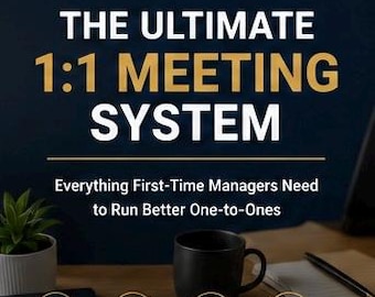 Op de afbeelding: Een digitale productafbeelding met de titel The Ultimate 1:1 Meeting System van The Manager Toolkit Co. De tekst bevat Everything First-Time Managers Need to Run Better One-to-Ones, Instant Download, Fully Editable, Print Friendly en Professional Templates.