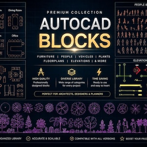 May include: A digital collection of AutoCAD blocks featuring architectural symbols, furniture layouts, people, vehicles, and plants. The dark background displays white and gold text including "PREMIUM COLLECTION AUTOCAD BLOCKS" and various categories for design projects.