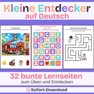 Könnte beinhalten: Ein digitales Lernheft mit dem Titel Kleine Entdecker auf Deutsch mit 32 bunten Seiten. Die Seiten enthalten ein Feuerwehr-Suchbild, eine Buchstabentafel von A bis Z sowie ein Labyrinth-Spiel mit einem Astronauten und einer Rakete.
