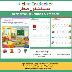 Könnte beinhalten: Ein Set aus 28 zweisprachigen Lernseiten auf Deutsch und Arabisch mit dem Titel Kleine Entdecker. Die Seiten zeigen eine Klassenzimmerszene mit einem Suchbild, Übungen zum Nachspuren des Buchstabens A mit Apfel und Linienführungsübungen.