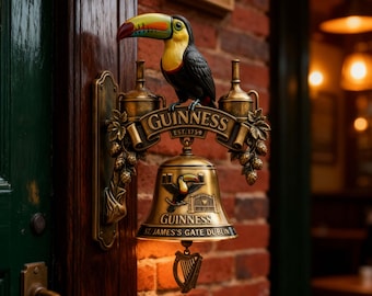 Sonnette murale vintage irlandaise en forme de toucan, sonnette de porte suspendue style laiton antique, enseigne rétro pour bar à bières stout, cadeau unique pour amateur de pub, décoration pour repaire masculin