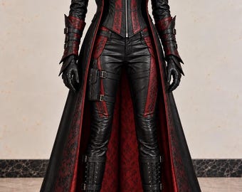 Costume de vampire gothique, tenue en cuir noir et rouge pour femme, cosplay fantastique victorien, costume d'Halloween, confection sur mesure