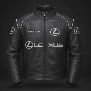 May include: A black leather jacket featuring a stand-up collar, a full-length front zipper, and white piping along the shoulders. The chest and sleeves are embroidered with the Lexus brand name and the circular Lexus logo in white thread.