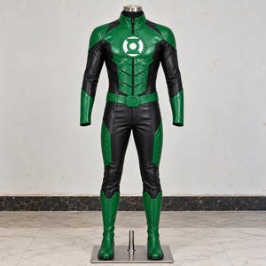 Könnte beinhalten: Ein Green Lantern Ganzkörperkostüm bestehend aus einem schwarzen und grünen Overall mit Stehkragen, einem zentralen Reißverschluss und einem markanten weißen kreisförmigen Emblem auf der Brust. Das Outfit umfasst grüne Stiefel und einen Gürtel mit sechseckiger Schnalle.