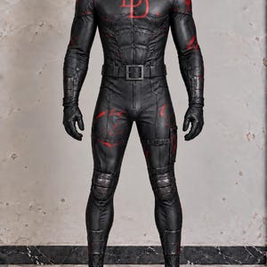 Puede incluir: Un traje táctico negro de cuerpo completo con cuello alto, mangas largas y guantes a juego. El pecho muestra un logotipo DD rojo, con marcas rojas desgastadas en los brazos y las piernas. Incluye un cinturón, rodilleras y botas.