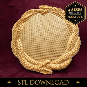 May include: A circular beige object featuring a textured snake body forming a ring, with two snake heads meeting at the top and bottom. The center has a fine grid pattern. A black label in the corner reads 4 SIZES INCLUDED S M L XL.