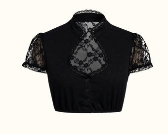 Black Dirndl Blouse, Puff Sleeve Crop Top, Traditional Bavarian Oktoberfest Shirt, High Neck Lace