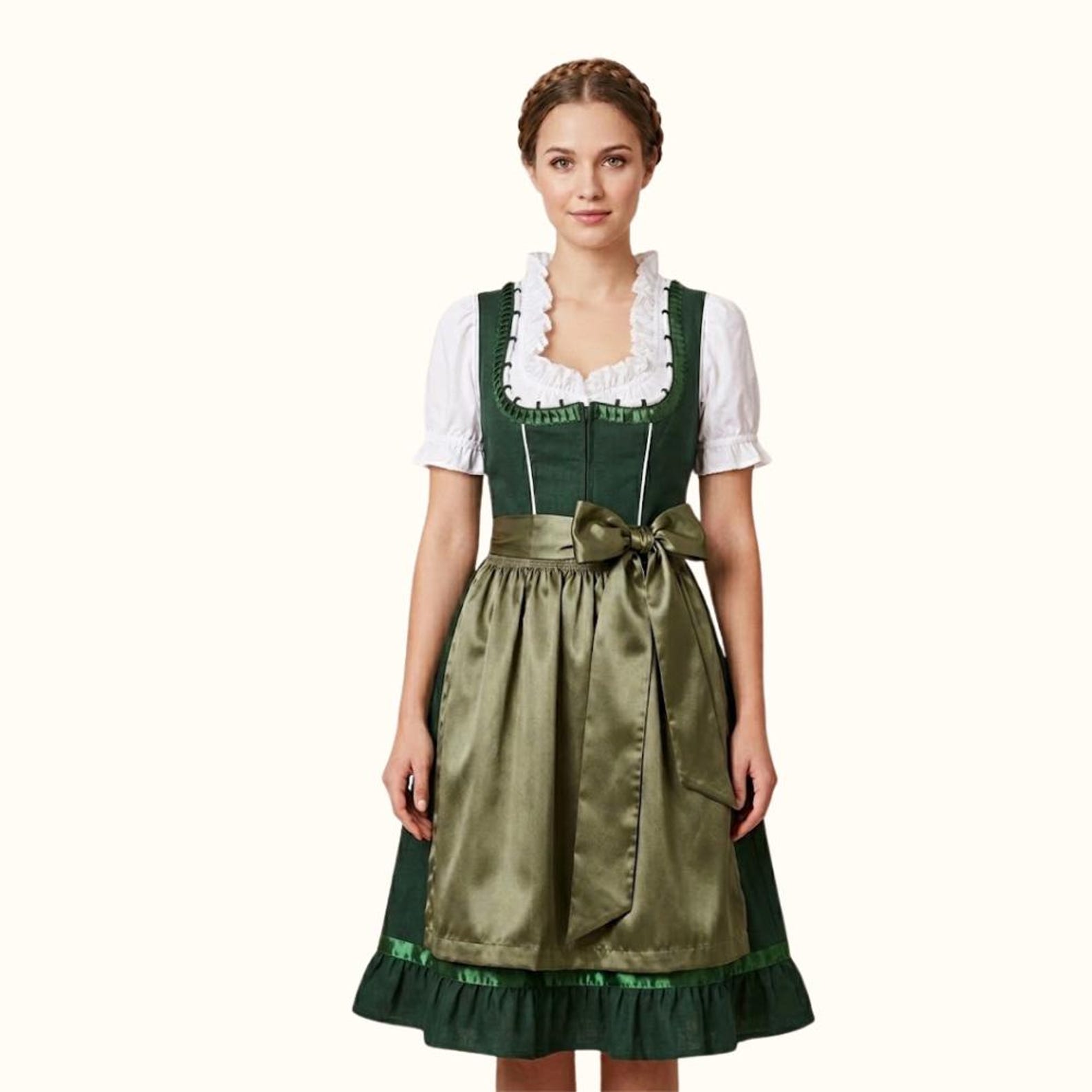 Forest Green Dirndl Dress with Olive Satin Apron, Traditional Bavarian Oktoberfest Costume