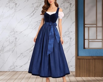Blue Velvet Bodice Dirndl Dress – Long Maxi 3Pcs with Cotton Skirt & Satin Apron