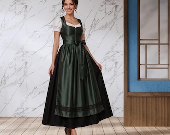 Elegante abito Dirndl in raso di seta verde scuro – Completo tradizionale lungo con grembiule in seta, composto da 3 pezzi.
