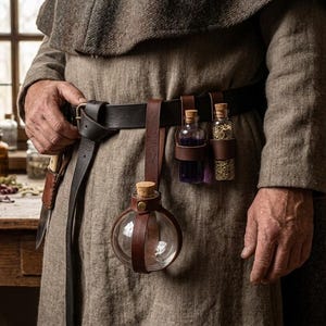Peut inclure: Une ceinture en cuir marron foncé avec une grande bouteille en verre ronde munie d'un bouchon en liège maintenue par une lanière, ainsi que deux petites fioles en verre avec bouchons en liège contenant un liquide violet et des herbes séchées.