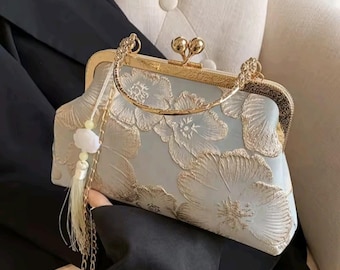 Pochette vintage con ricami floreali, elegante borsetta da sera con chiusura a scatto, borsa in stile cinese, pochette da sposa, borsa formale in raso per feste.