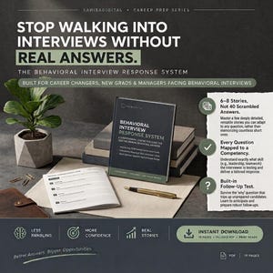 Puede incluir: Una guía digital de preparación profesional titulada Behavioral Interview Response System, que incluye una pila de libros, un cuaderno abierto y un bolígrafo dorado. El texto contiene instrucciones para quienes cambian de carrera, graduados y gerentes, en formato PDF de 19 páginas.