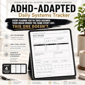 Könnte beinhalten: Ein digitales Tablet, das ein druckbares PDF eines ADHD-angepassten täglichen System-Trackers anzeigt. Der Bildschirm zeigt ein strukturiertes Tagesplaner-Layout mit Abschnitten für Aufgaben, Kapazität und stündliche Check-ins.