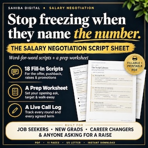 Może przedstawiać: Cyfrowy arkusz skryptów do negocjacji płacowych na ciemnym tle ze złotymi akcentami. Tekst brzmi: Stop freezing when they name the number. The Salary Negotiation Script Sheet. Zawiera 18 skryptów do uzupełnienia, arkusz przygotowawczy i dziennik rozmów. Posiada ikonę pliku PDF do wypełnienia i wydrukowania.