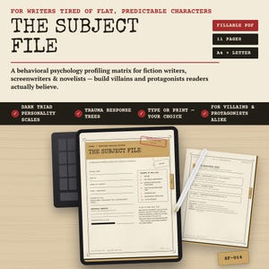 Cahier d'exercices de profil de personnage pour écrivains, modèle de développement psychologique, planificateur pour méchant et protagoniste, PDF à remplir