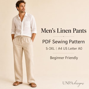Patrón de costura para pantalones de lino para hombre, modelo Resort con cordón ajustable (PDF, tallas S-3XL)