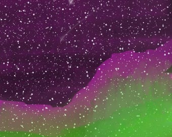 Aurora Borealis Print | Hand-Painted Celestial Night Sky, Shooting Stars (Digital Download)