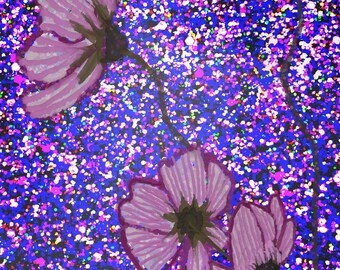 Maximalist Floral Print | Pink Cosmos Glitter Art (Digital Download)
