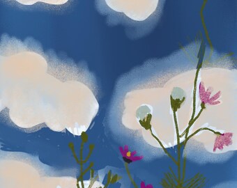 Cosmos Flower Print | Whimsical Sky Botanical Art (Digital Download)
