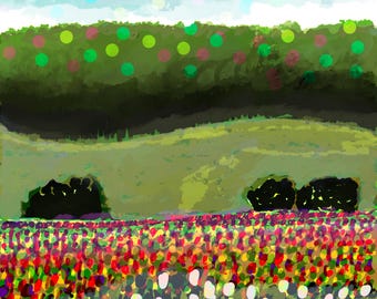 Whimsical Tulip Field Print | Colorful Folk Art Landscape (Digital Download)