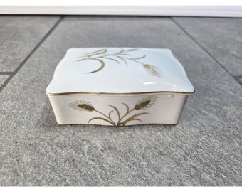 Vintage Crown China Hand Painted Trinket Box Gold Wheat Pattern England