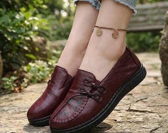 Women's Leather Loafers, Classic Slip-On Flats, Everyday Walking Shoes